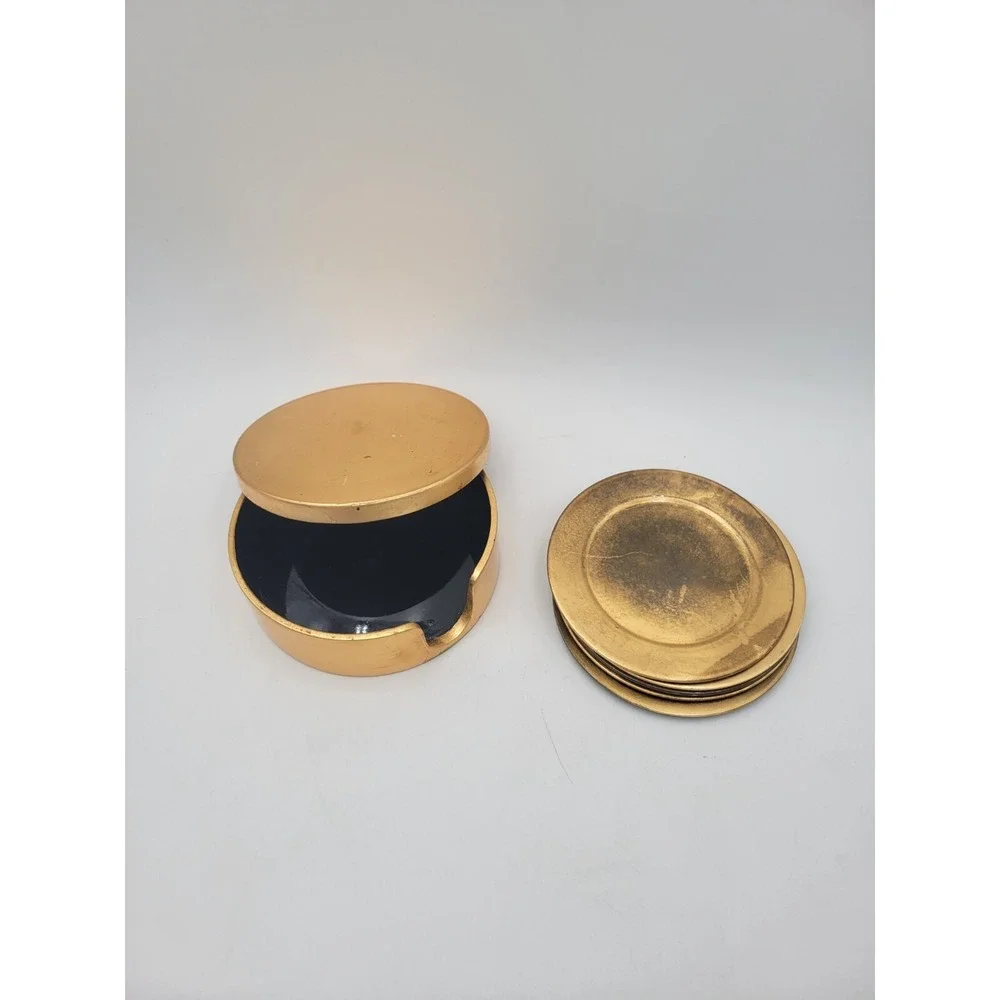 Vintage Gold & Black Lacquerware 5 Appetizer Snack‎ Plates In Holder